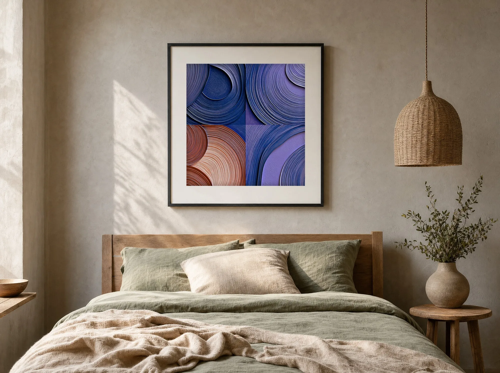 Four Currents framed above a bed with linen in sage and sand