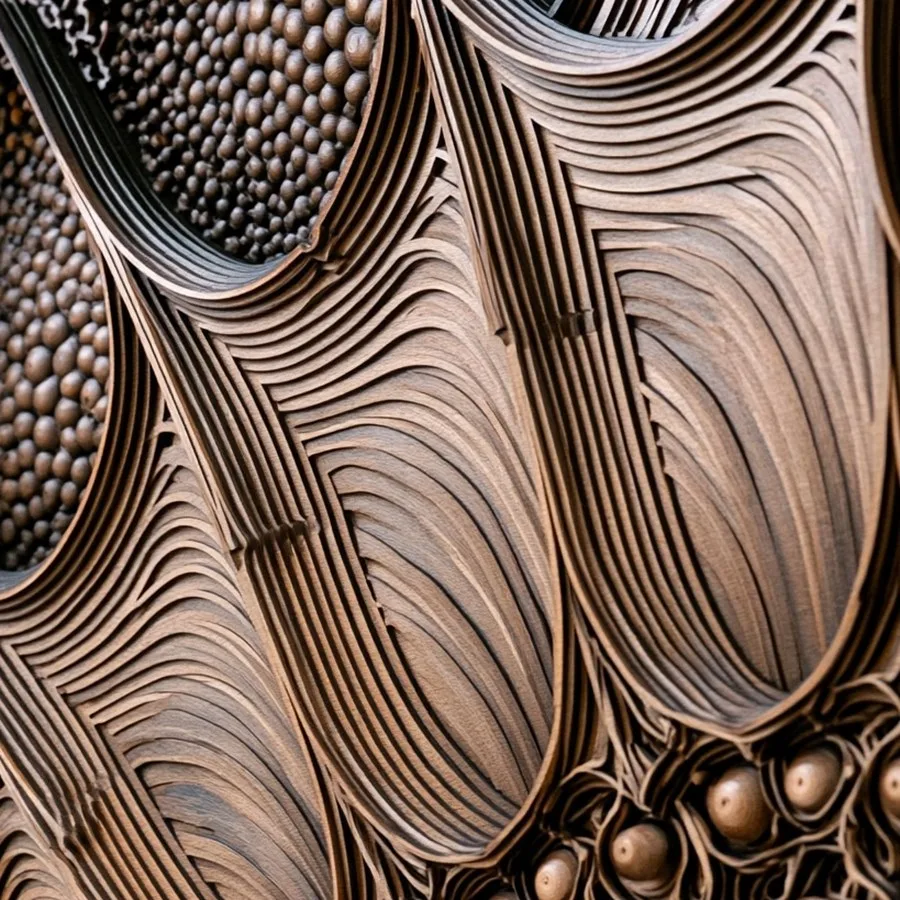 Detail of The Minaret Relief: bronze petals, rosettes and beads