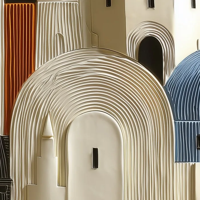 Detail: a dense carved town of cream walls and blue domes