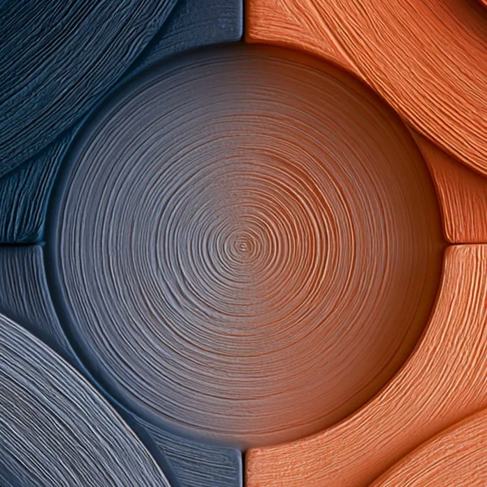 Detail: navy and apricot quarter circles in deep relief