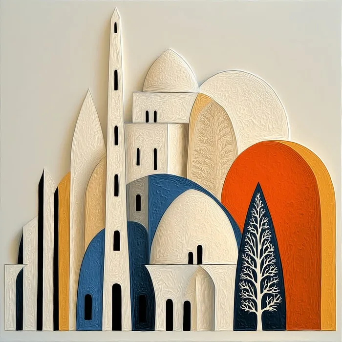 A cream minaret skyline with orange and blue domes