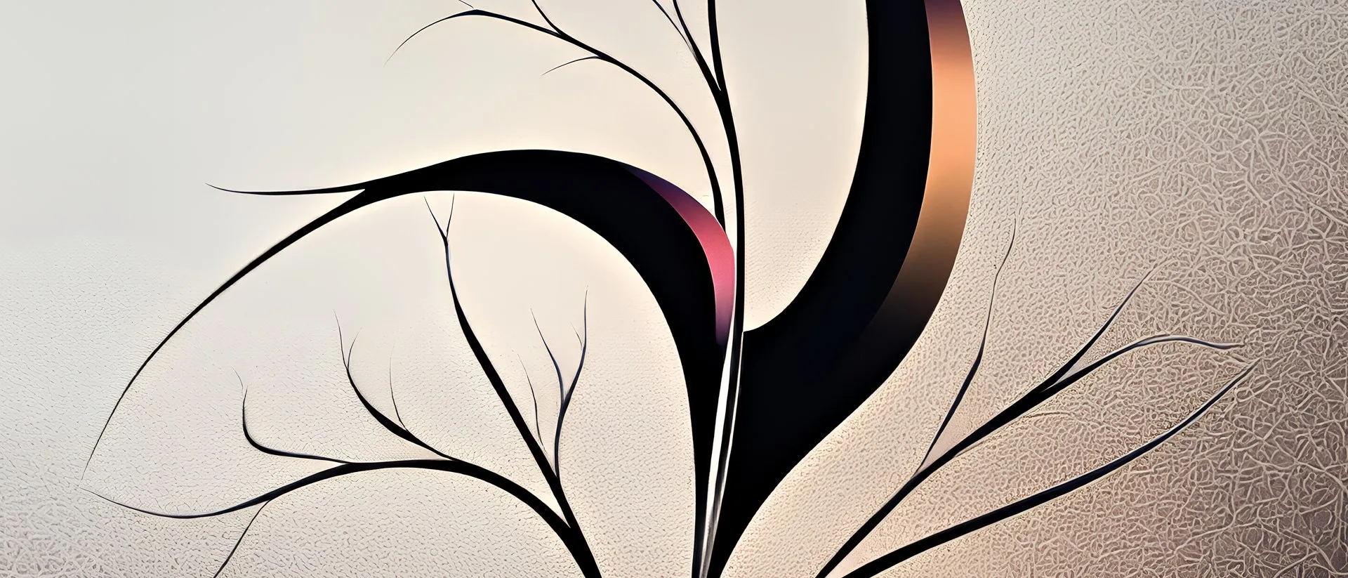 A thin dark tree with a crescent leaf on a pale ground