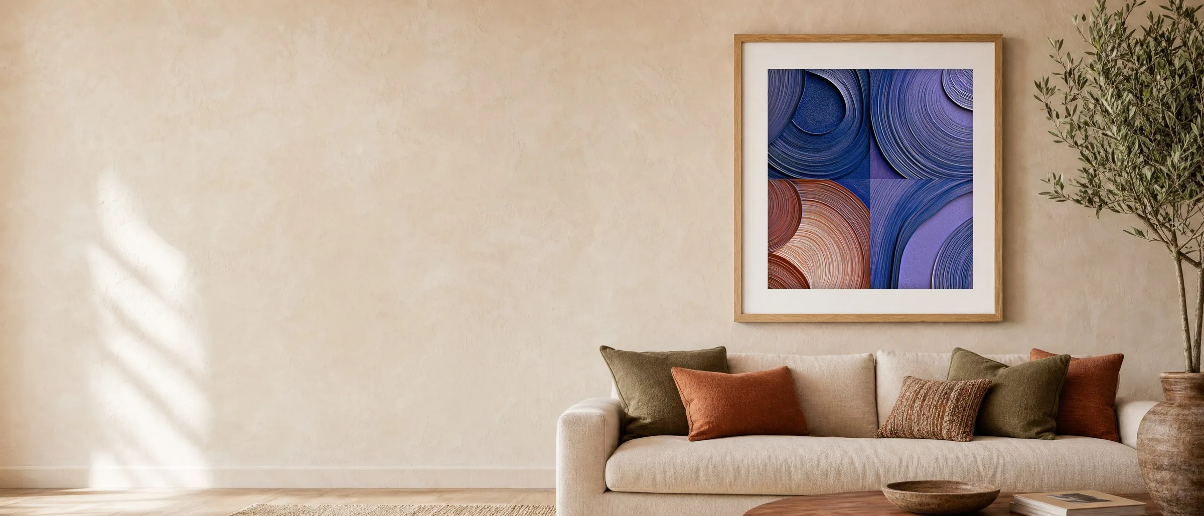 A calm living room wall with a framed Bassem.art print above a low sofa, in morning light