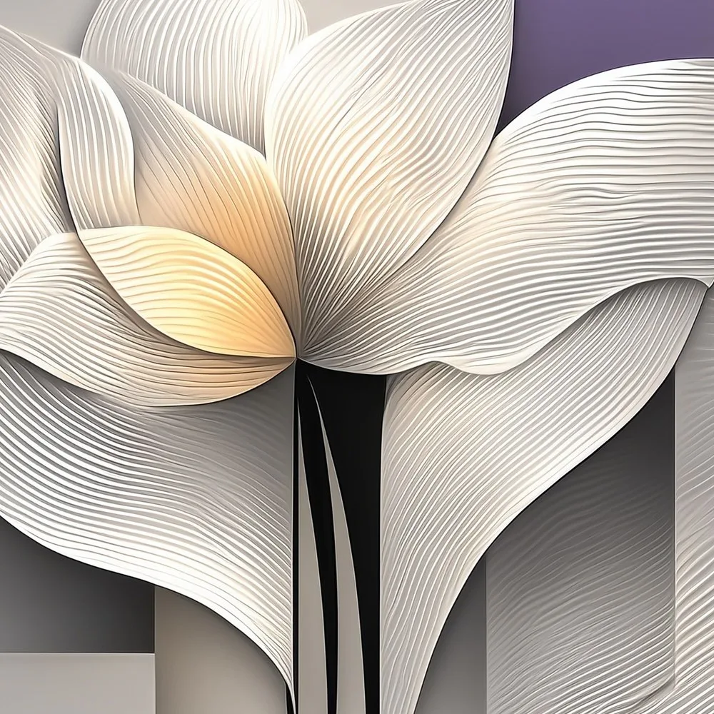 Detail of Ribbon Bloom: a white flower with long ribbon-like petals on grey and lavender