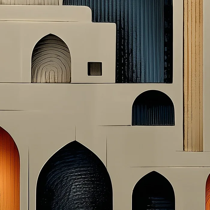 Detail: a city of cream domes, dark arches and amber windows