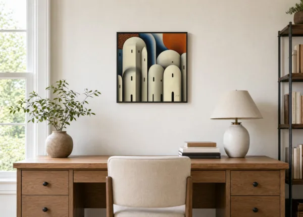 ba-0004-city-of-ivory-domes-framed-4-thin-room-office-black-v5 City of Ivory Domes by Bassem, framed print on a wall