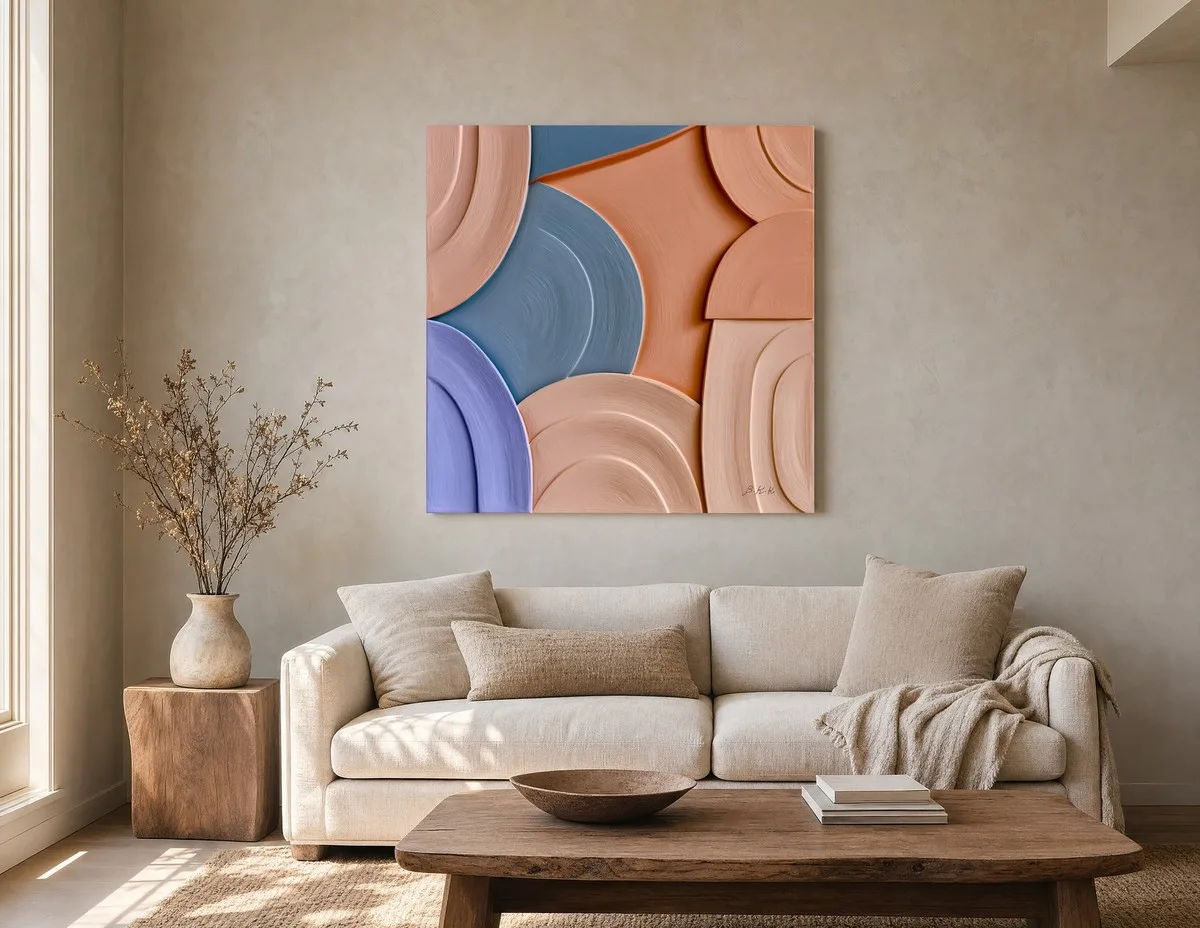 Peach and Teal Arcs by Bassem, canvas on a wall