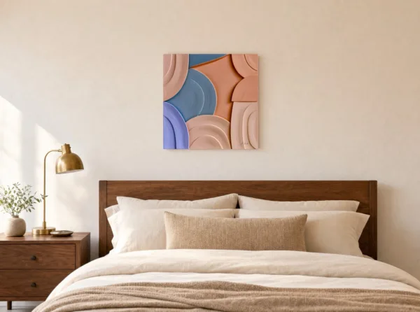 Peach and Teal Arcs by Bassem, canvas on a wall