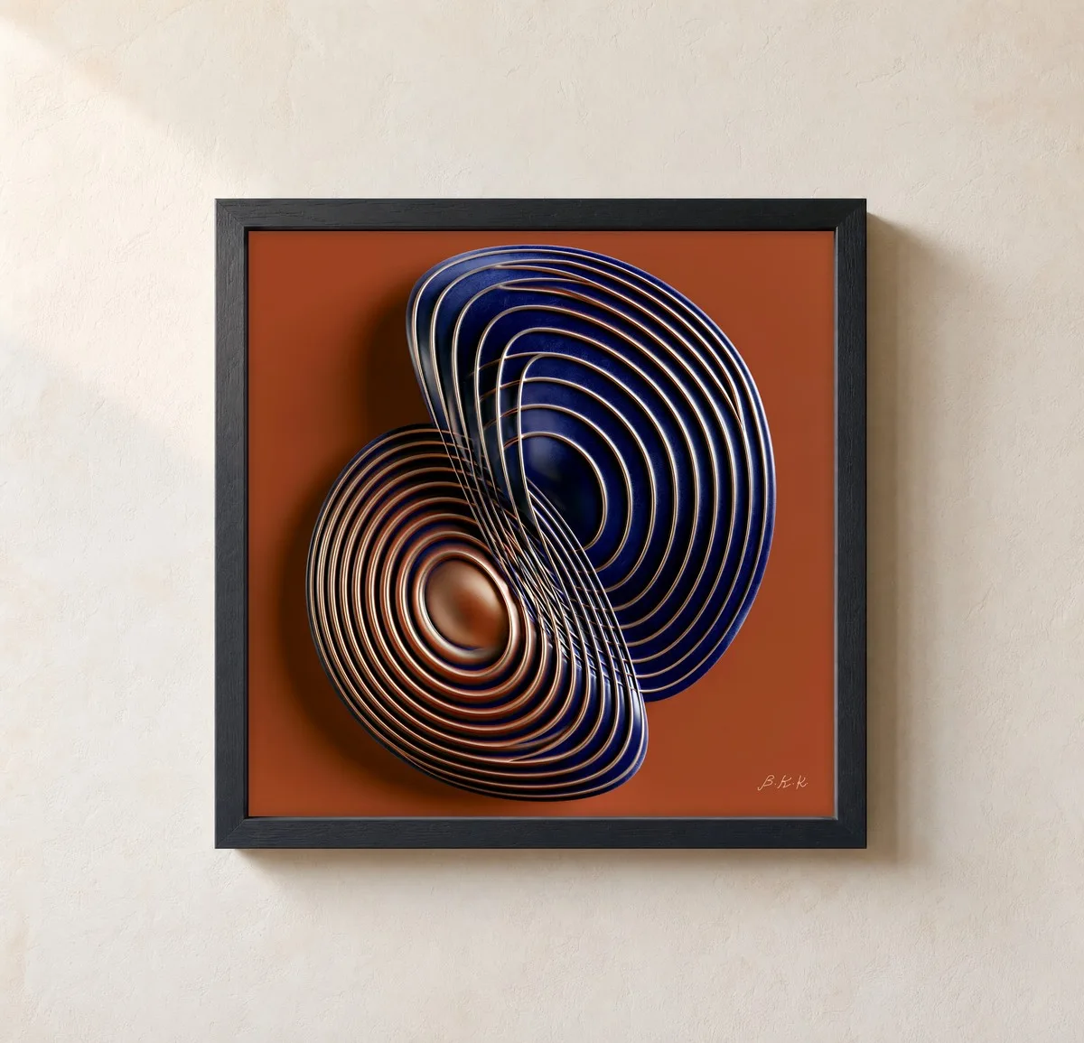 Navy Rings on Rust by Bassem, framed print on a wall