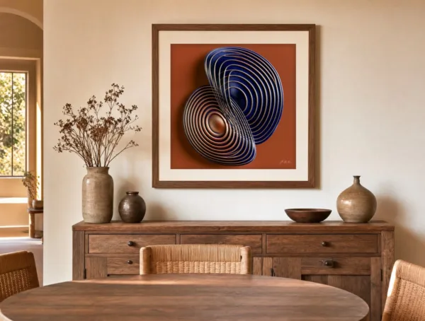 ba-0015-navy-rings-on-rust-print-3-room-dining-walnut-v6 Navy Rings on Rust by Bassem, art print shown framed on a wall