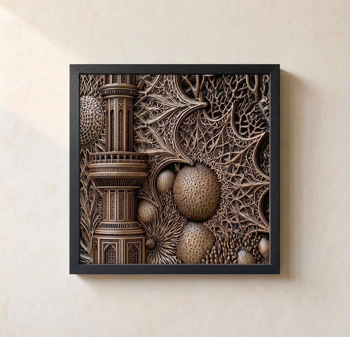 Carved Coral Garden by Bassem, framed print on a wall