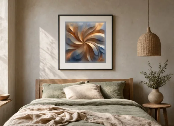 Golden Pinwheel by Bassem, art print shown framed on a wall