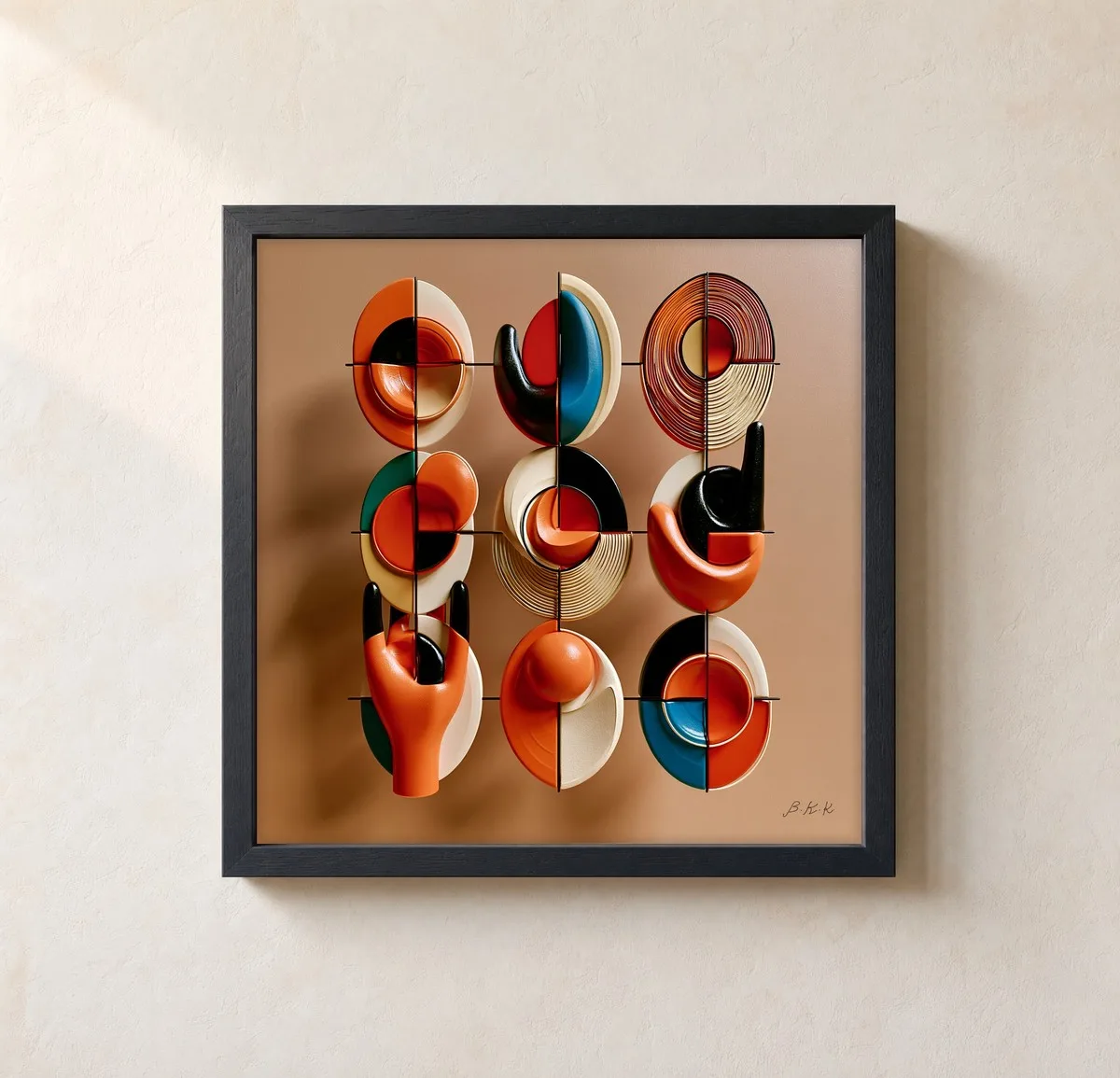 Playful Disc Grid by Bassem, framed print on a wall
