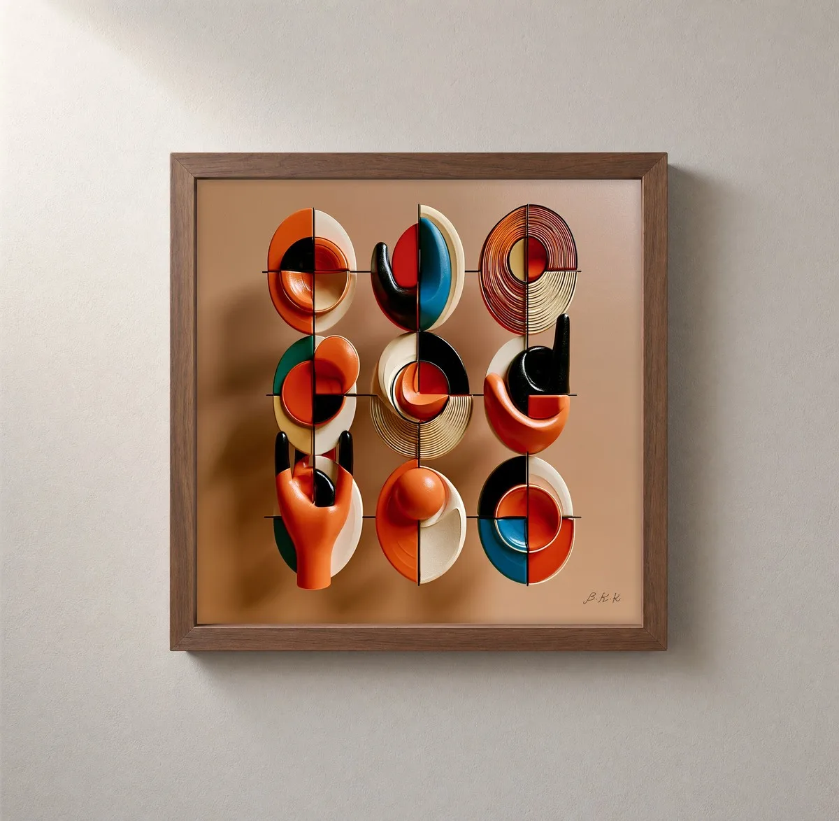Playful Disc Grid by Bassem, framed print on a wall