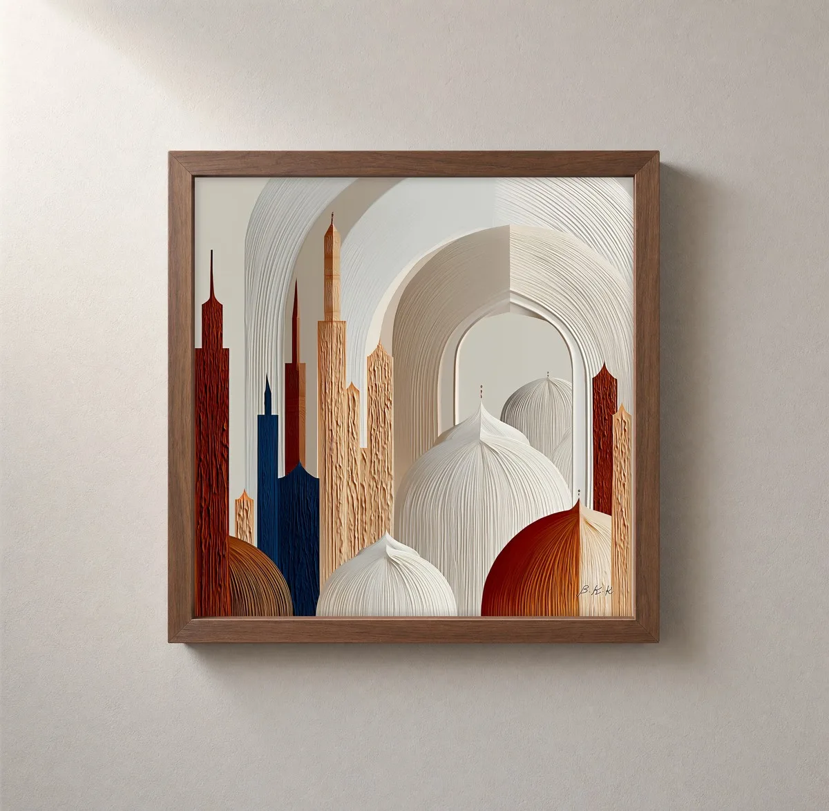 Towers Under Pale Arches by Bassem, framed print on a wall