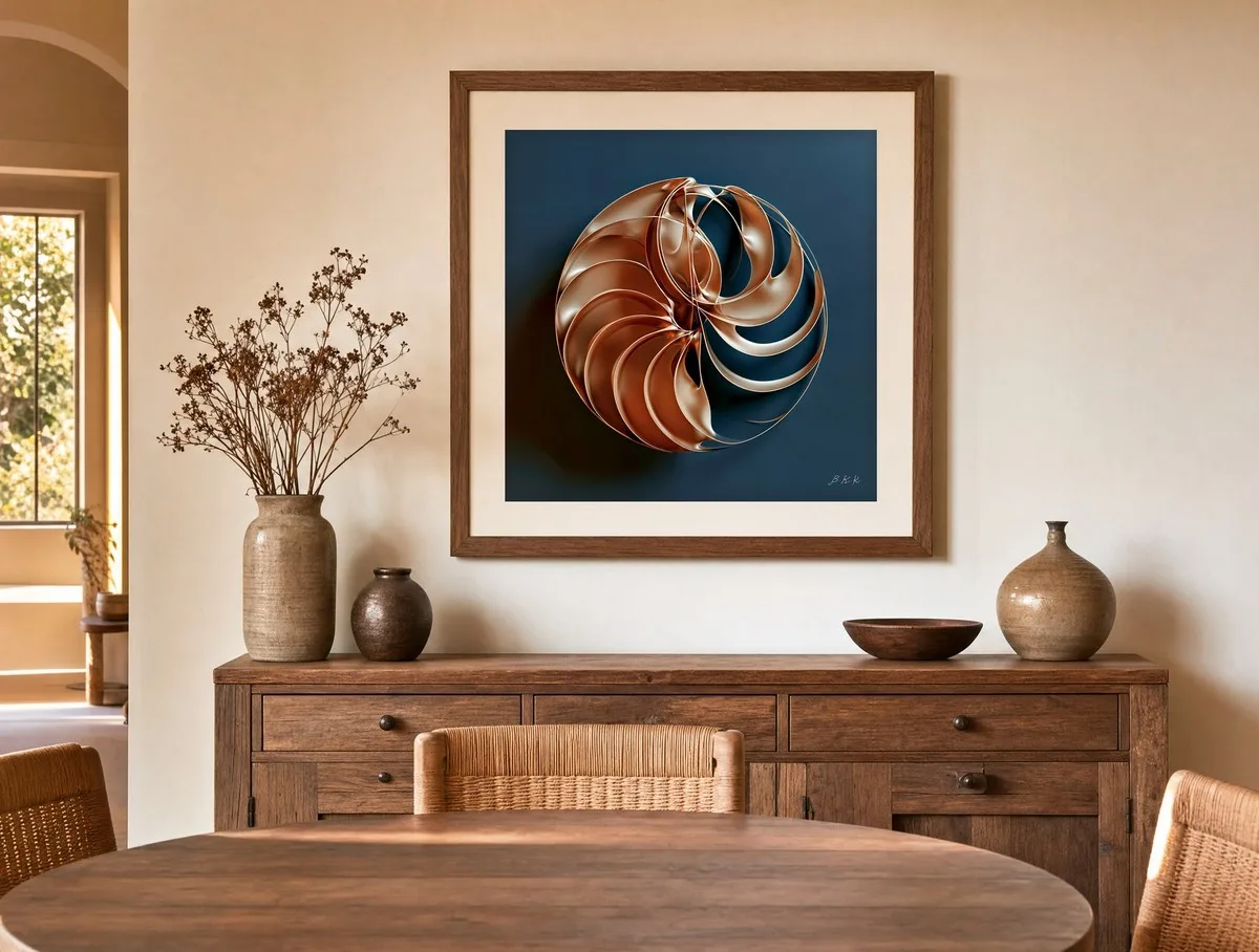Copper Spiral by Bassem, art print shown framed on a wall