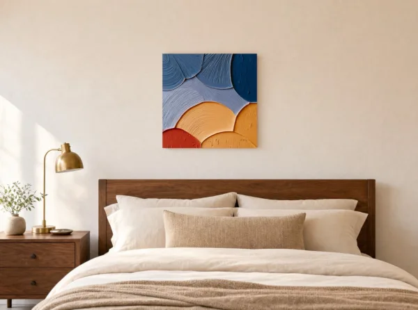 ba-0025-ochre-and-blue-fans-canvas-3-canvas-room-bedroom-white-v4 Ochre and Blue Fans by Bassem, canvas on a wall