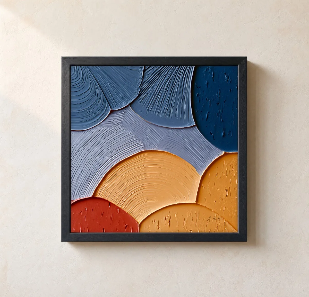 Ochre and Blue Fans by Bassem, framed print on a wall