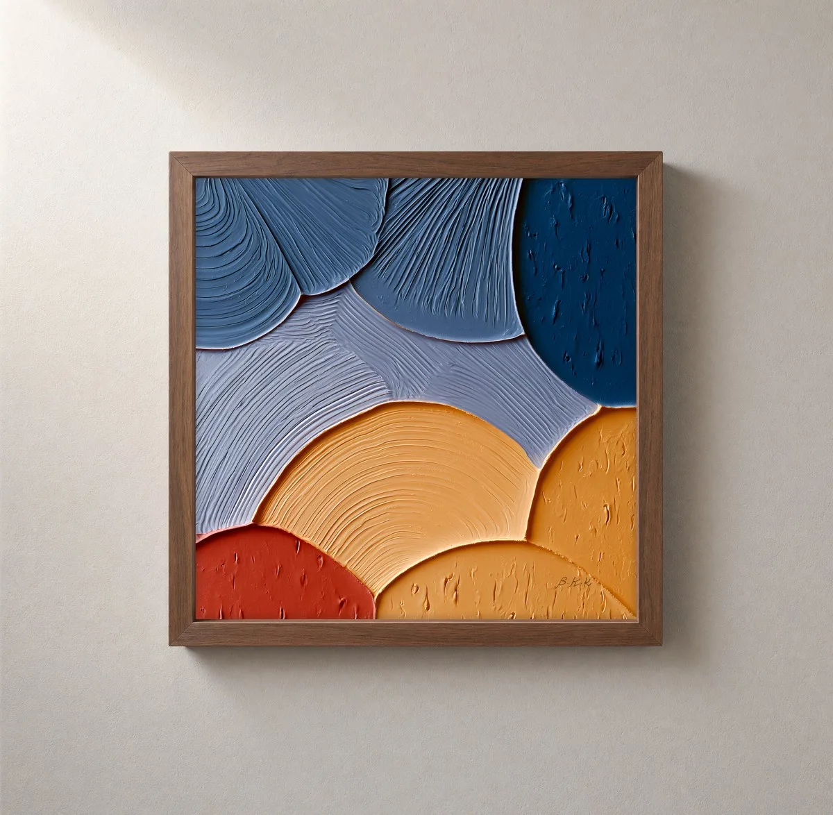 Ochre and Blue Fans by Bassem, framed print on a wall