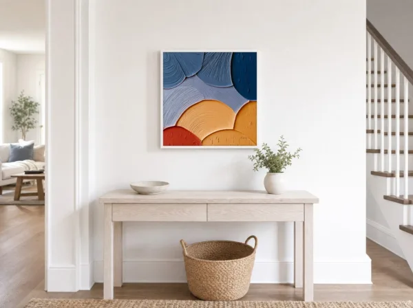 Ochre and Blue Fans by Bassem, framed print on a wall