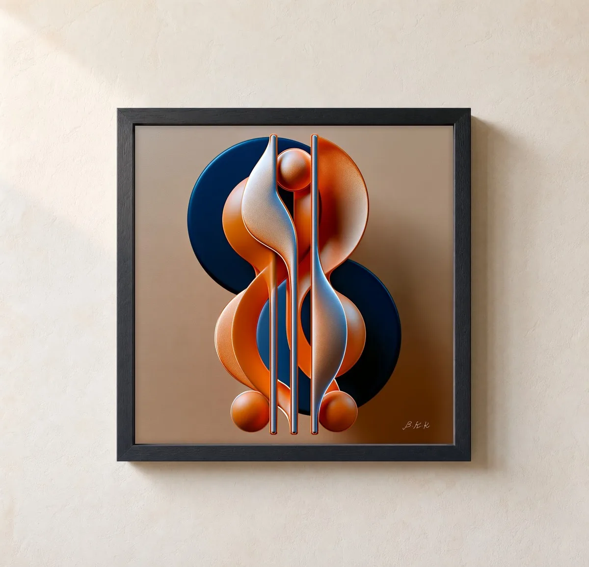 Navy and Orange Curves by Bassem, framed print on a wall