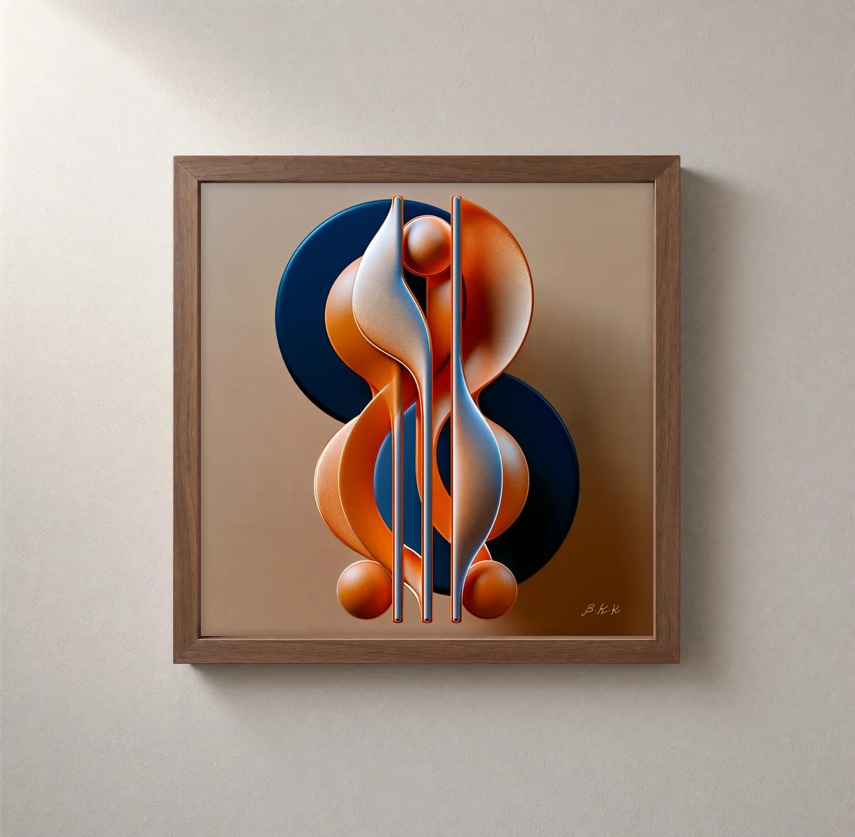 Navy and Orange Curves by Bassem, framed print on a wall