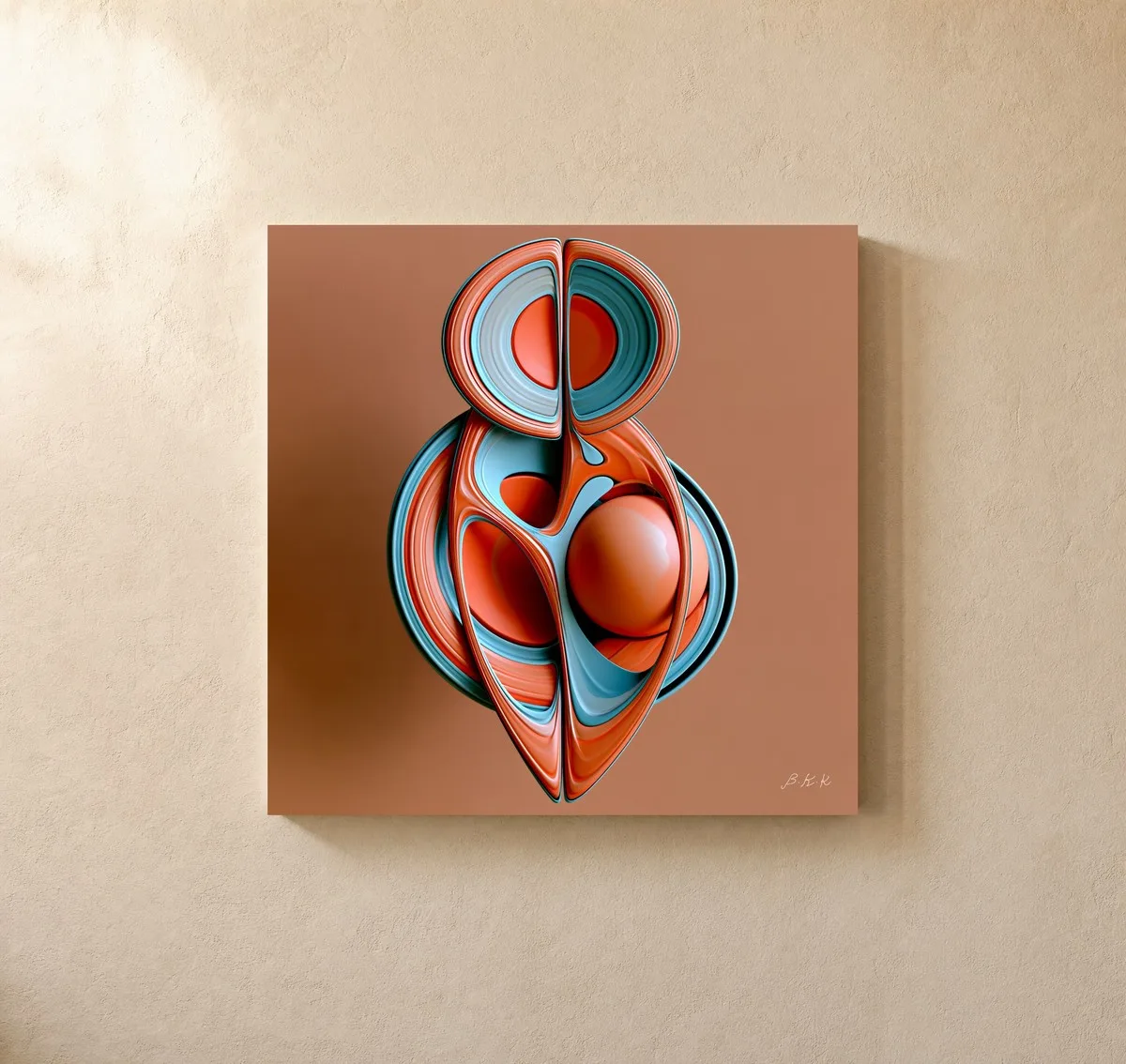 Coral and Aqua Form by Bassem, canvas on a wall