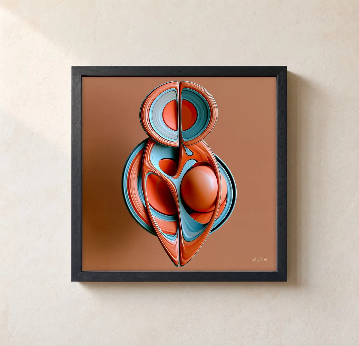 ba-0027-coral-and-aqua-form-framed-1-thin-closeup-black-v4 Coral and Aqua Form by Bassem, framed print on a wall