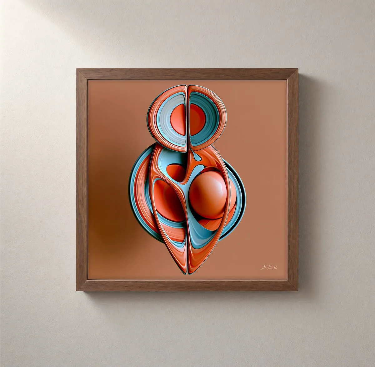 Coral and Aqua Form by Bassem, framed print on a wall