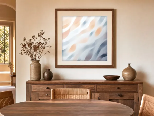 ba-0033-peach-and-mist-print-3-room-dining-walnut-v6 Peach and Mist by Bassem, art print shown framed on a wall
