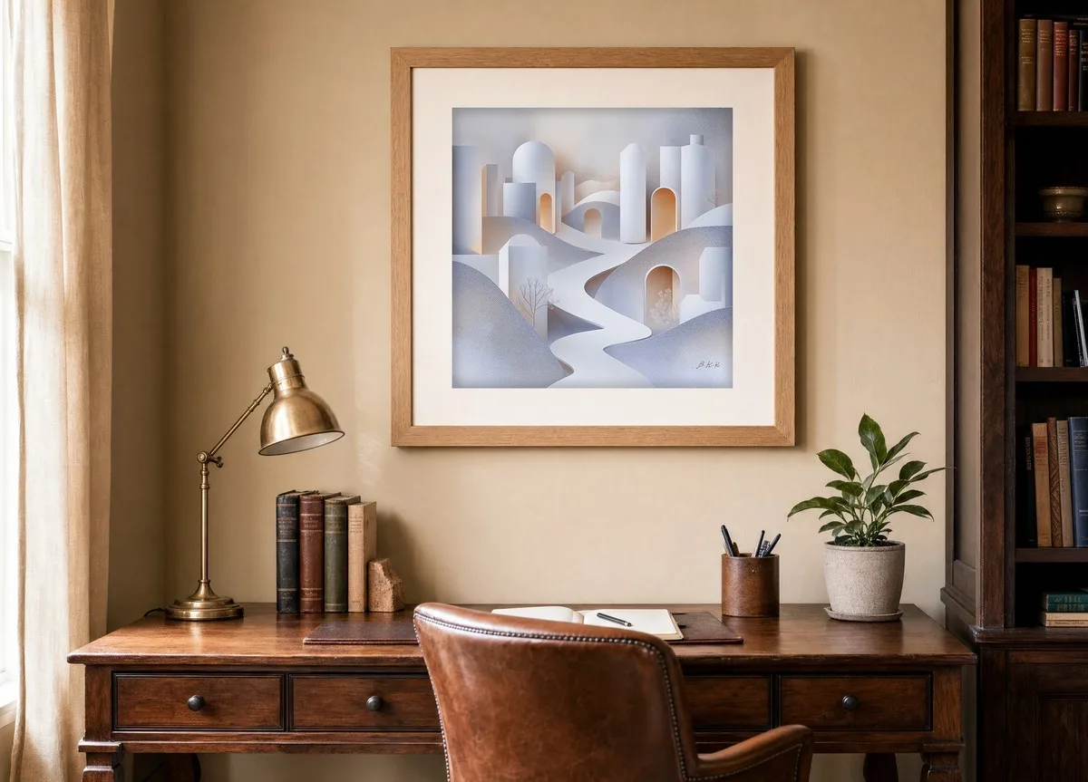 ba-0037-winding-white-path-print-2-room-study-oak-v6 Winding White Path by Bassem, art print shown framed on a wall