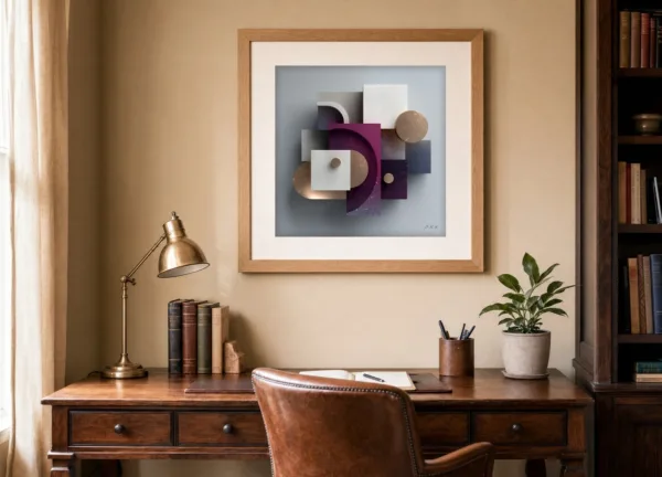 Plum and Bronze by Bassem, art print shown framed on a wall