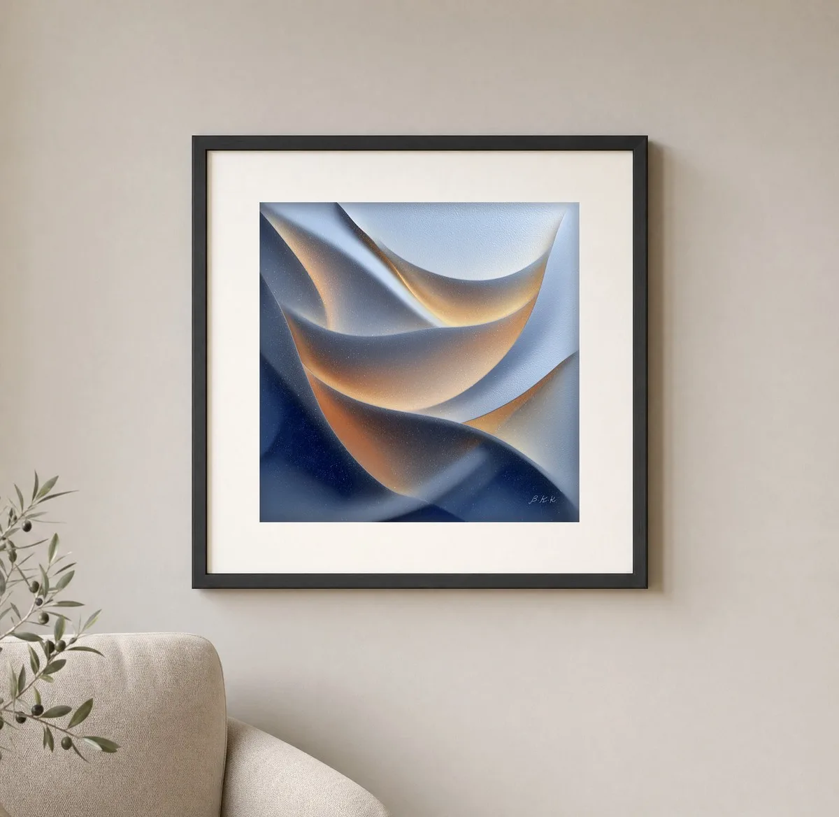 ba-0040-amber-beneath-blue-print-1-closeup-black-v6 Amber Beneath Blue by Bassem, art print shown framed on a wall