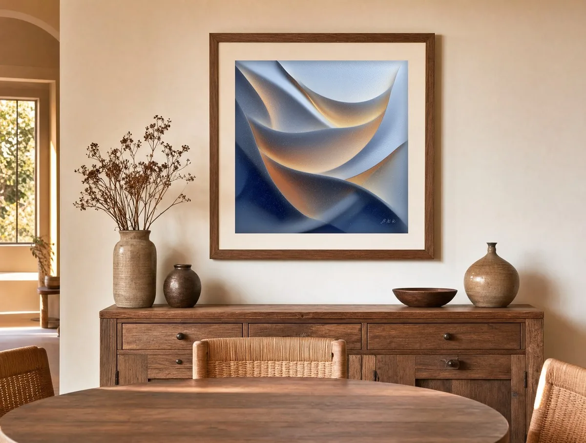 Amber Beneath Blue by Bassem, art print shown framed on a wall