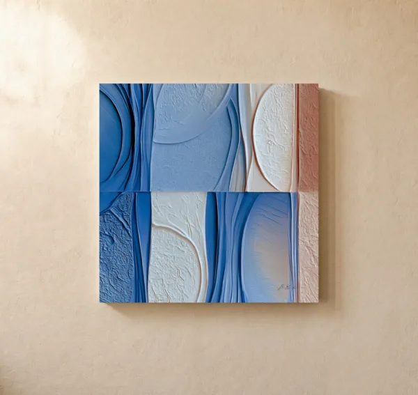 Blue and Clay Panels by Bassem, canvas on a wall