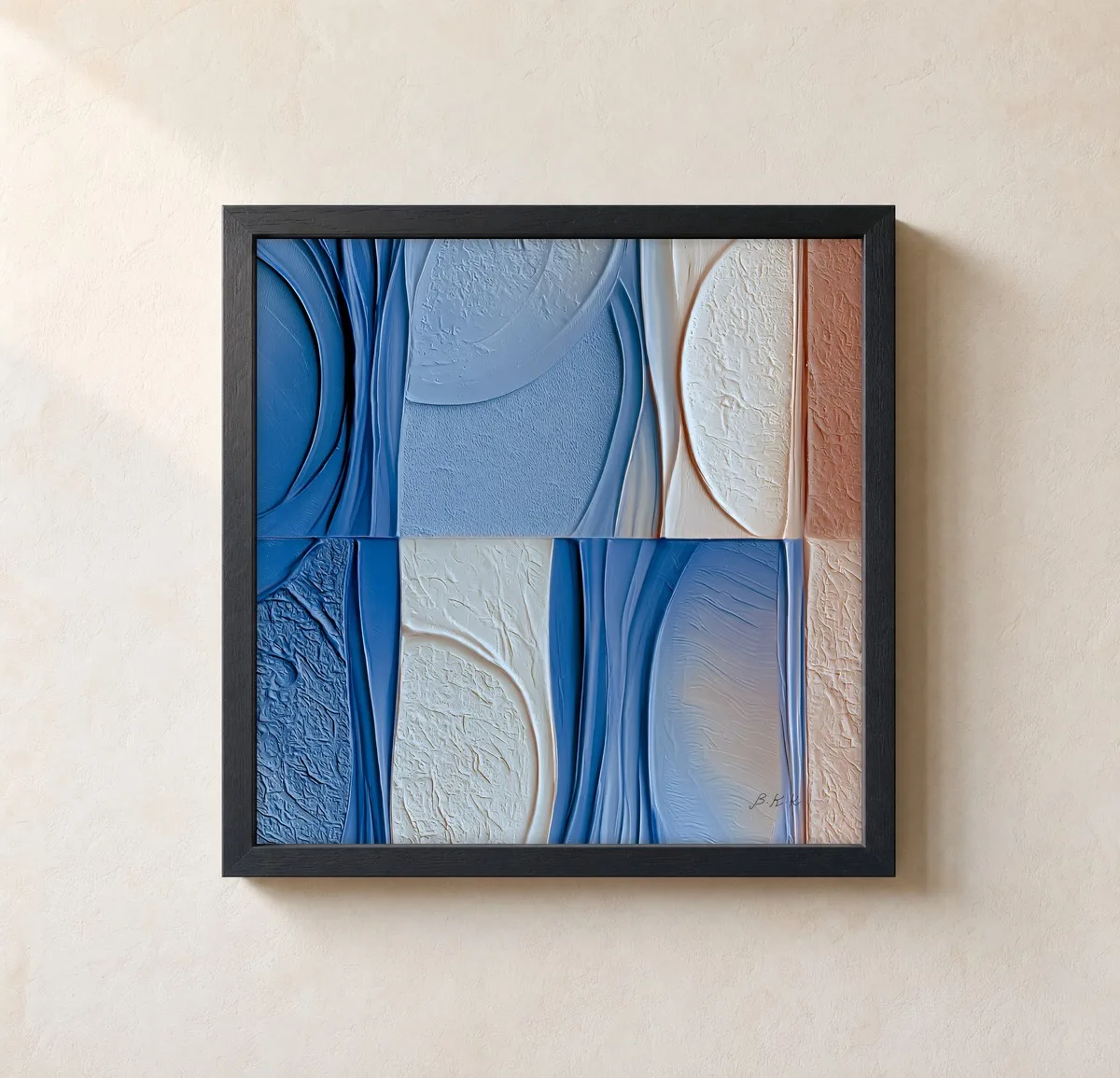 Blue and Clay Panels by Bassem, framed print on a wall