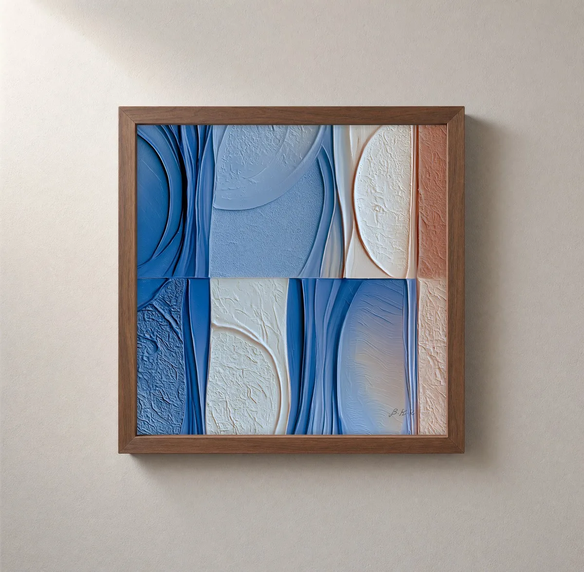 Blue and Clay Panels by Bassem, framed print on a wall