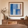 ba-0041-blue-and-clay-panels-print-3-room-dining-walnut-v6 Blue and Clay Panels by Bassem, art print shown framed on a wall