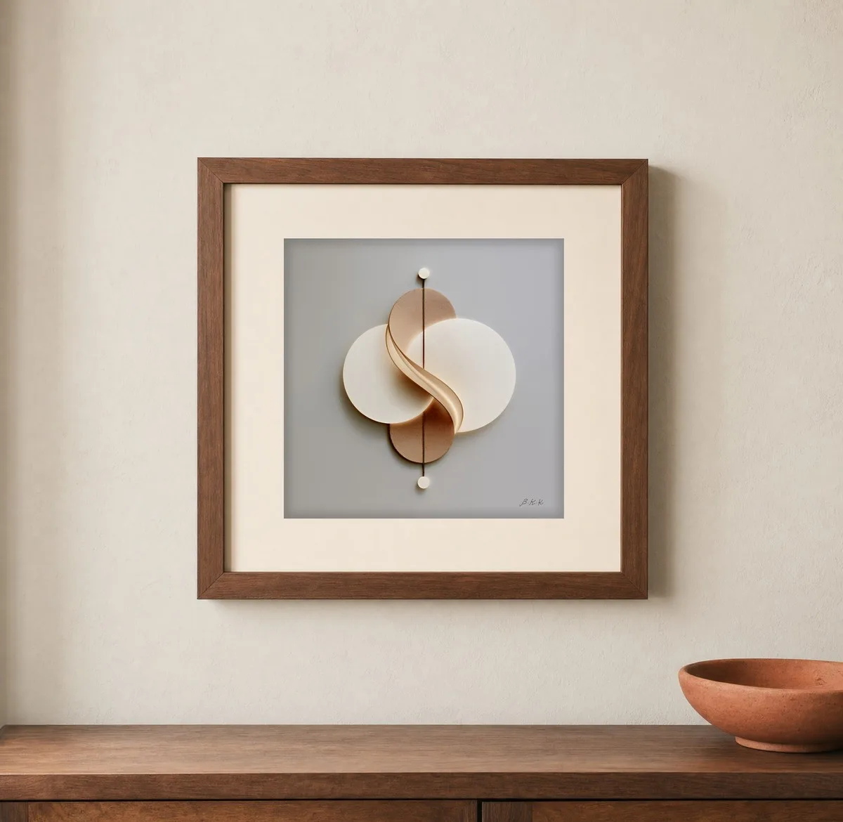 ba-0042-circles-in-balance-print-1-closeup-walnut-v6 Circles in Balance by Bassem, art print shown framed on a wall