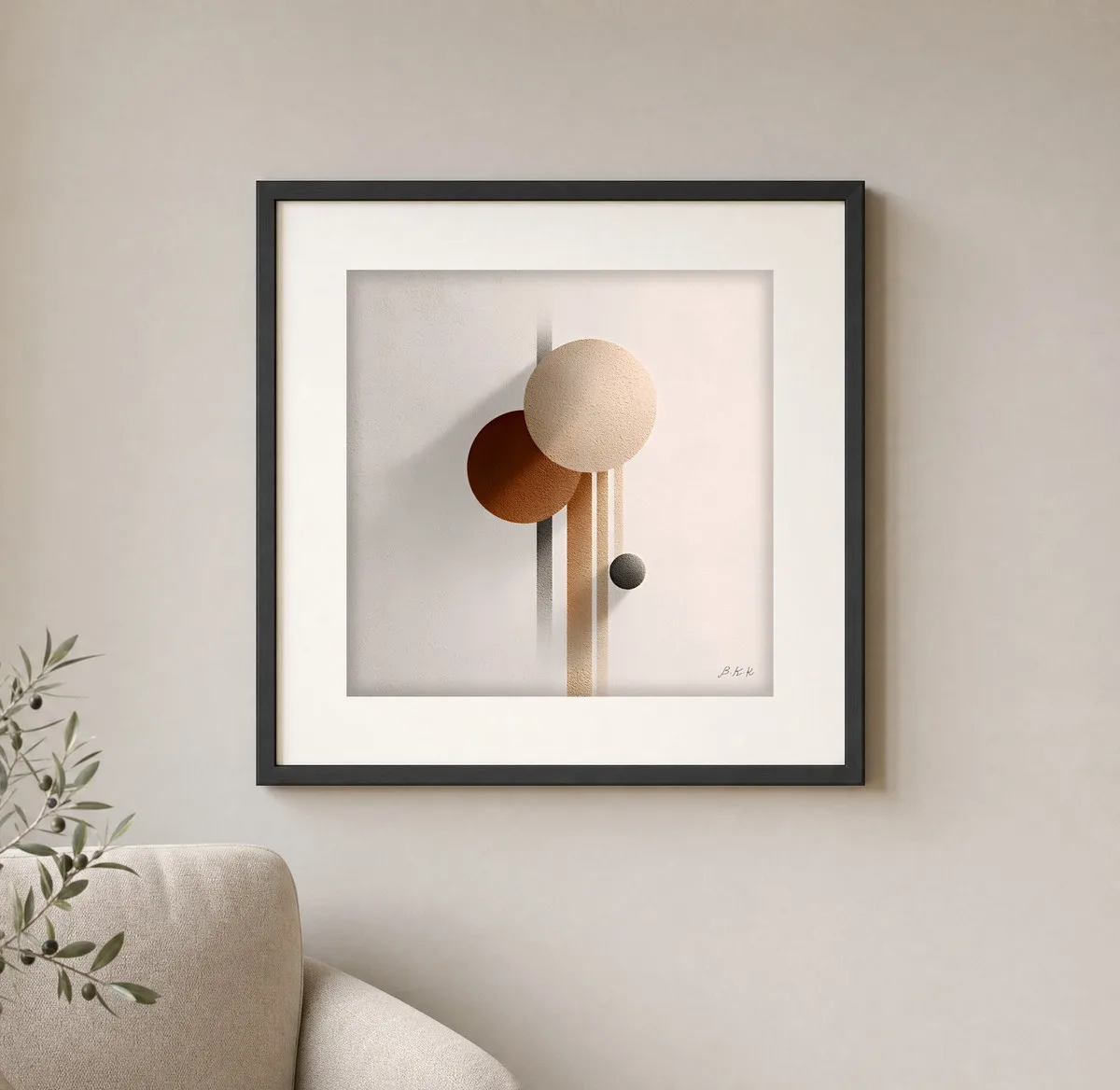 ba-0043-sand-and-rust-print-1-closeup-black-v6 Sand and Rust by Bassem, art print shown framed on a wall