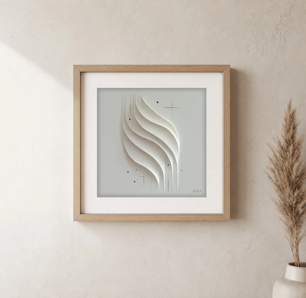 ba-0044-layered-white-waves-print-1-closeup-oak-v6 Layered White Waves by Bassem, art print shown framed on a wall