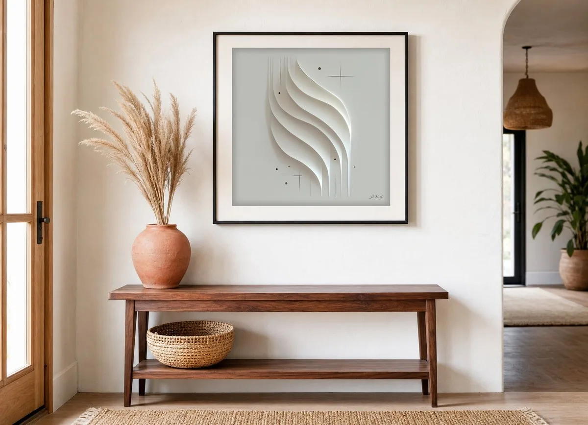 Layered White Waves by Bassem, art print shown framed on a wall