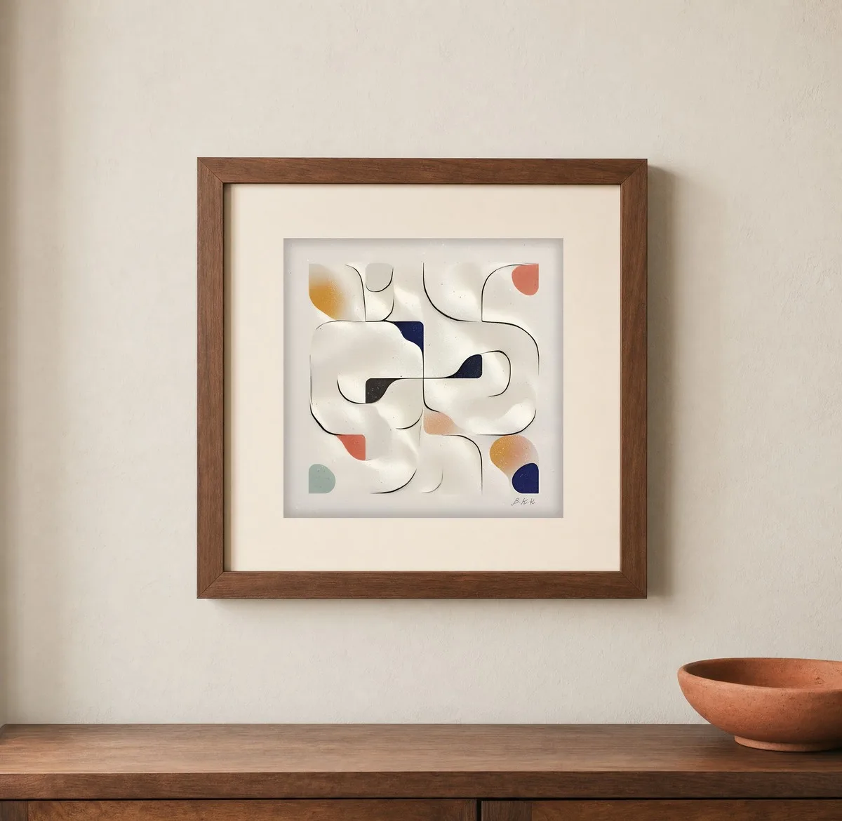 Soft Ivory Maze by Bassem, art print shown framed on a wall
