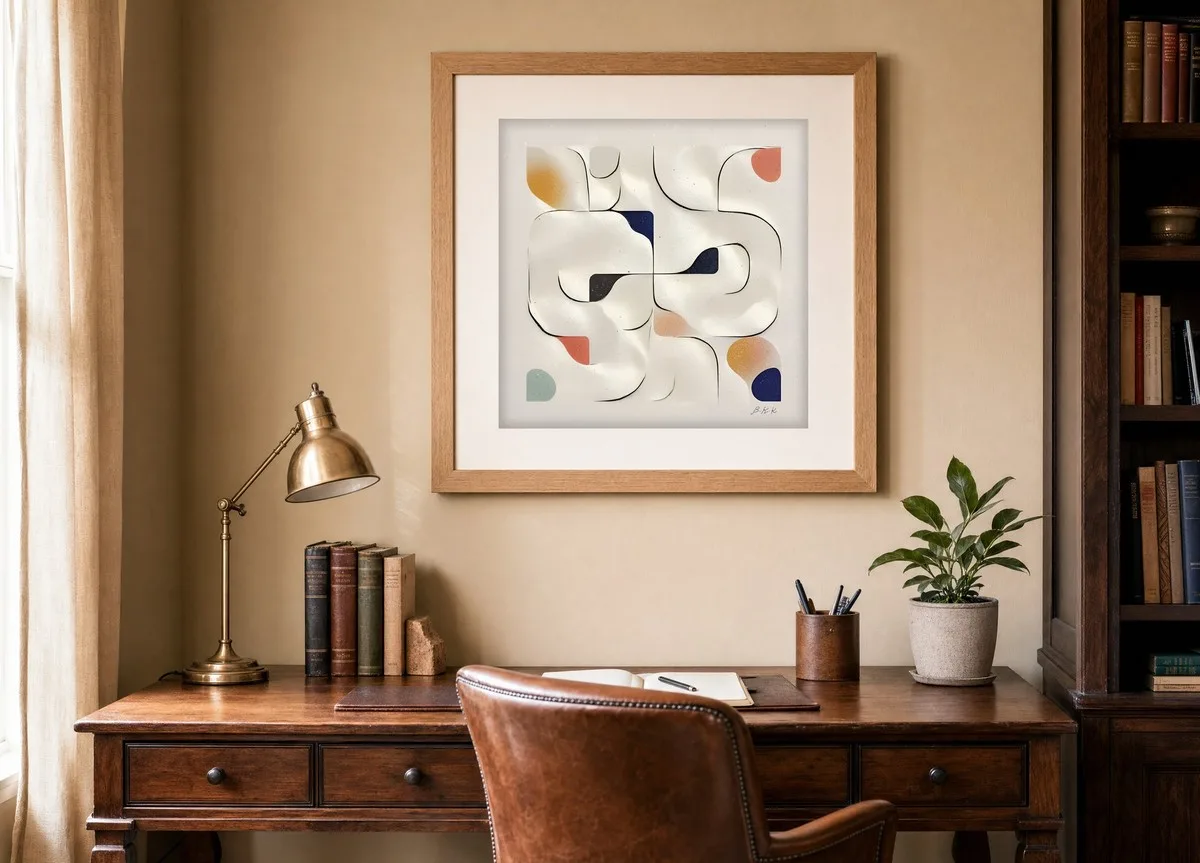 Soft Ivory Maze by Bassem, art print shown framed on a wall