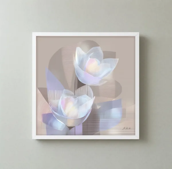 ba-0047-two-pearl-tulips-framed-3-thin-closeup-white-v4 Two Pearl Tulips by Bassem, framed print on a wall