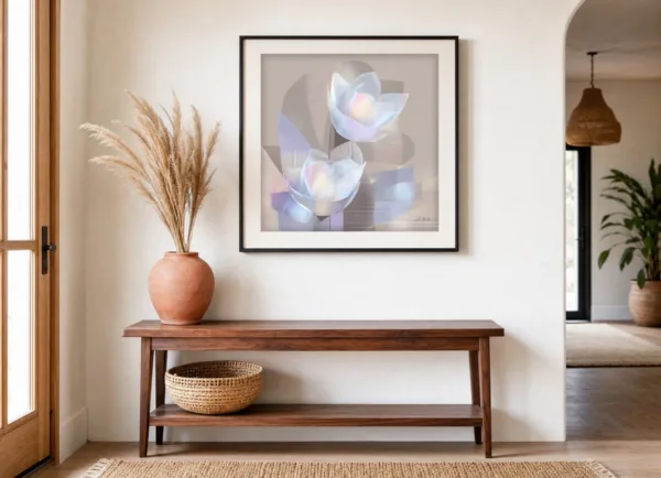 ba-0047-two-pearl-tulips-print-3-room-entryway-black-v6 Two Pearl Tulips by Bassem, art print shown framed on a wall