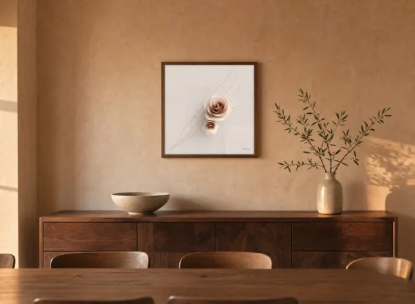 ba-0050-two-linen-roses-framed-4-thin-room-dining-walnut-v4 Two Linen Roses by Bassem, framed print on a wall