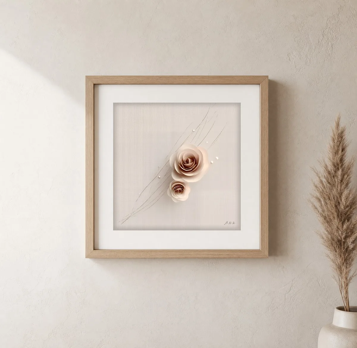 ba-0050-two-linen-roses-print-1-closeup-oak-v6 Two Linen Roses by Bassem, art print shown framed on a wall