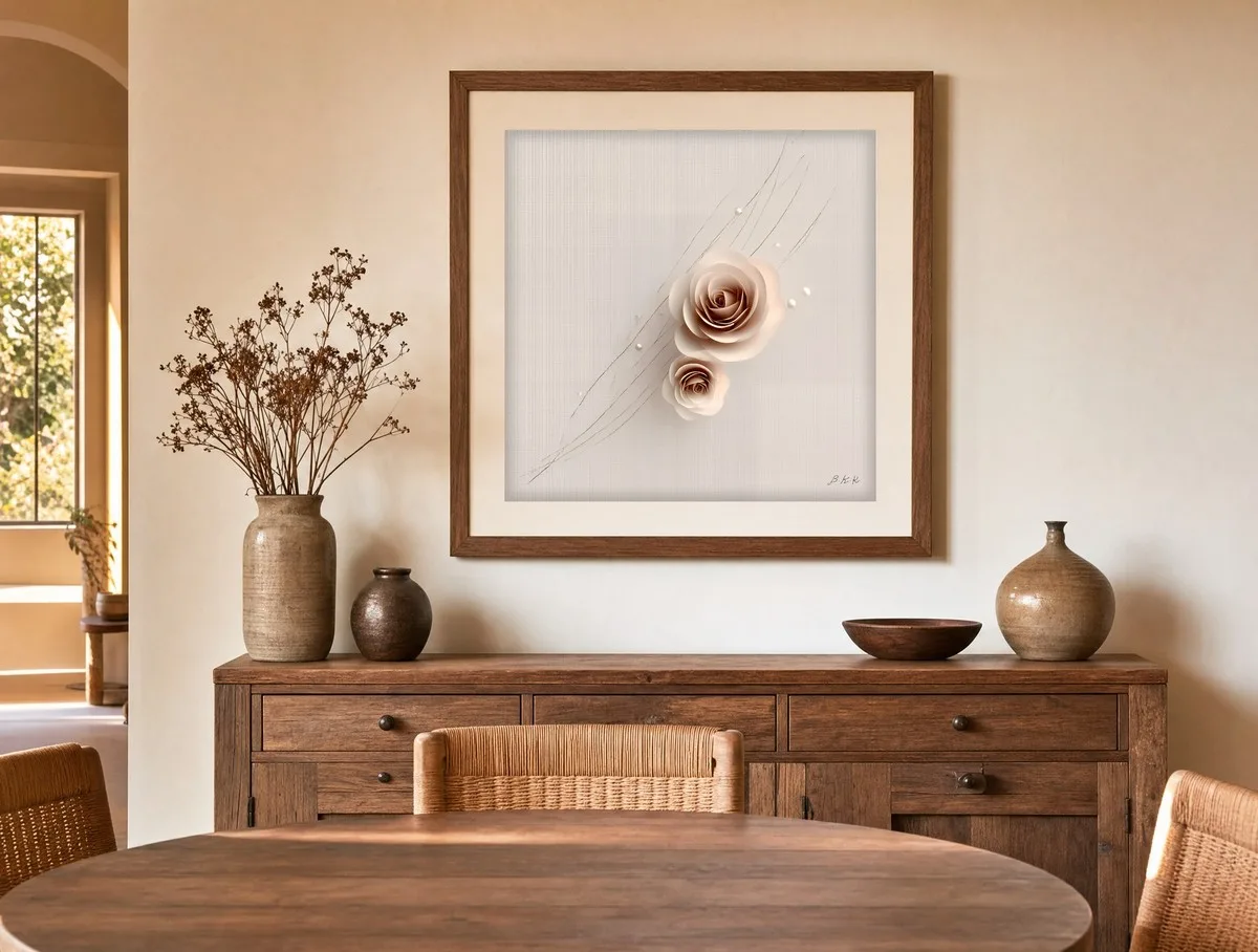 Two Linen Roses by Bassem, art print shown framed on a wall