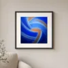 Cobalt Whirl by Bassem, art print shown framed on a wall